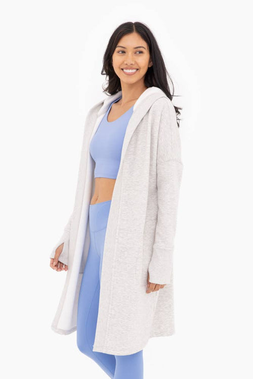 Two Tone Open Front Longline Hoodie Cardigan w/ Fleece