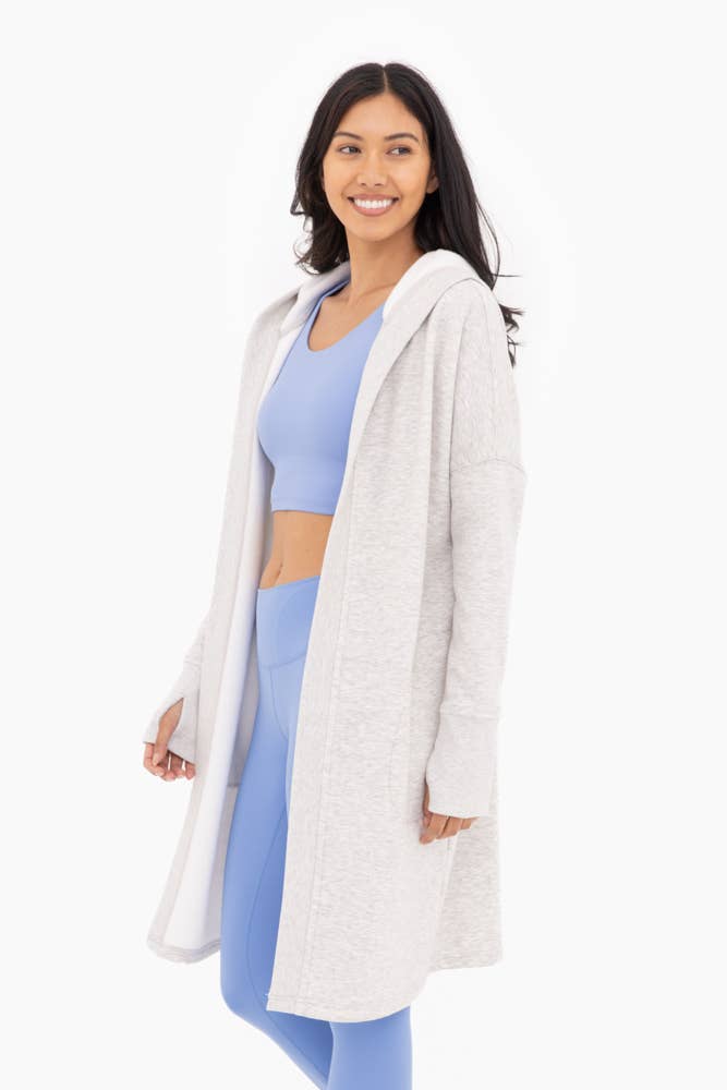 Two Tone Open Front Longline Hoodie Cardigan w/ Fleece