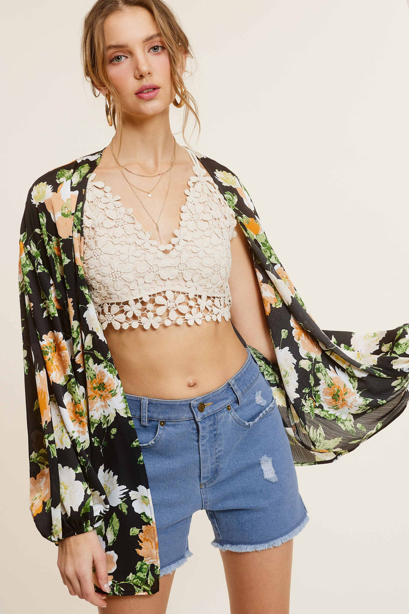 Black Floral Pattern Front Tie Blouse