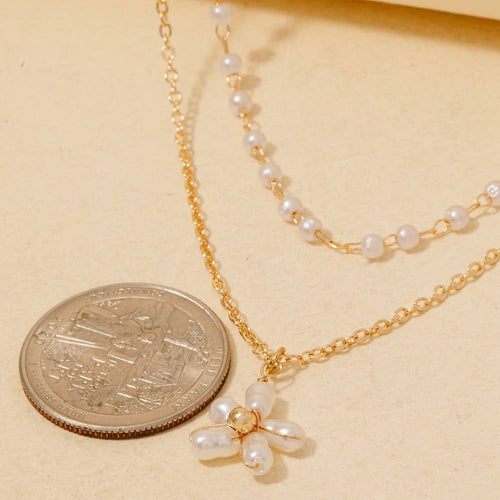 Pearl Beaded Flower Pendant Layered Necklace