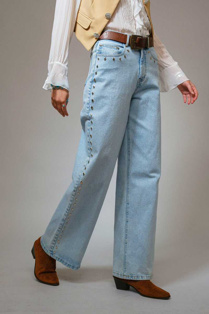 Western Diamond Studded Straight Leg Jeans