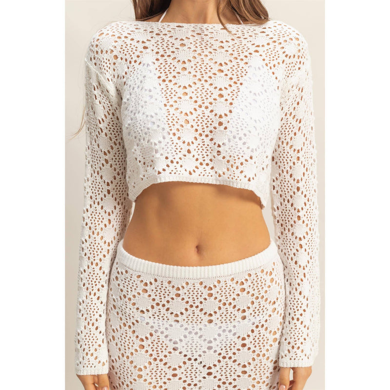 White Open Stitch Knit Long Sleeve Crop Top