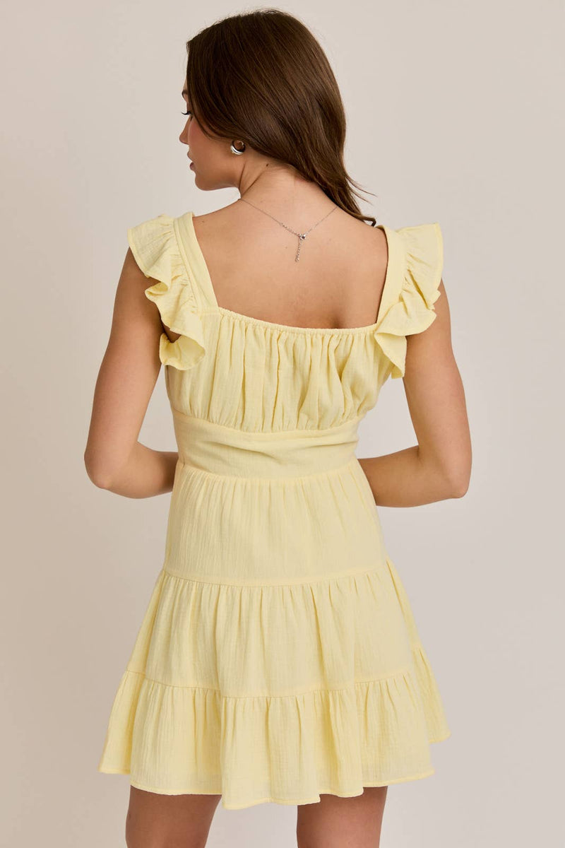 Butter Yellow Ruffle Shoulder Lace Trim Mini Dress