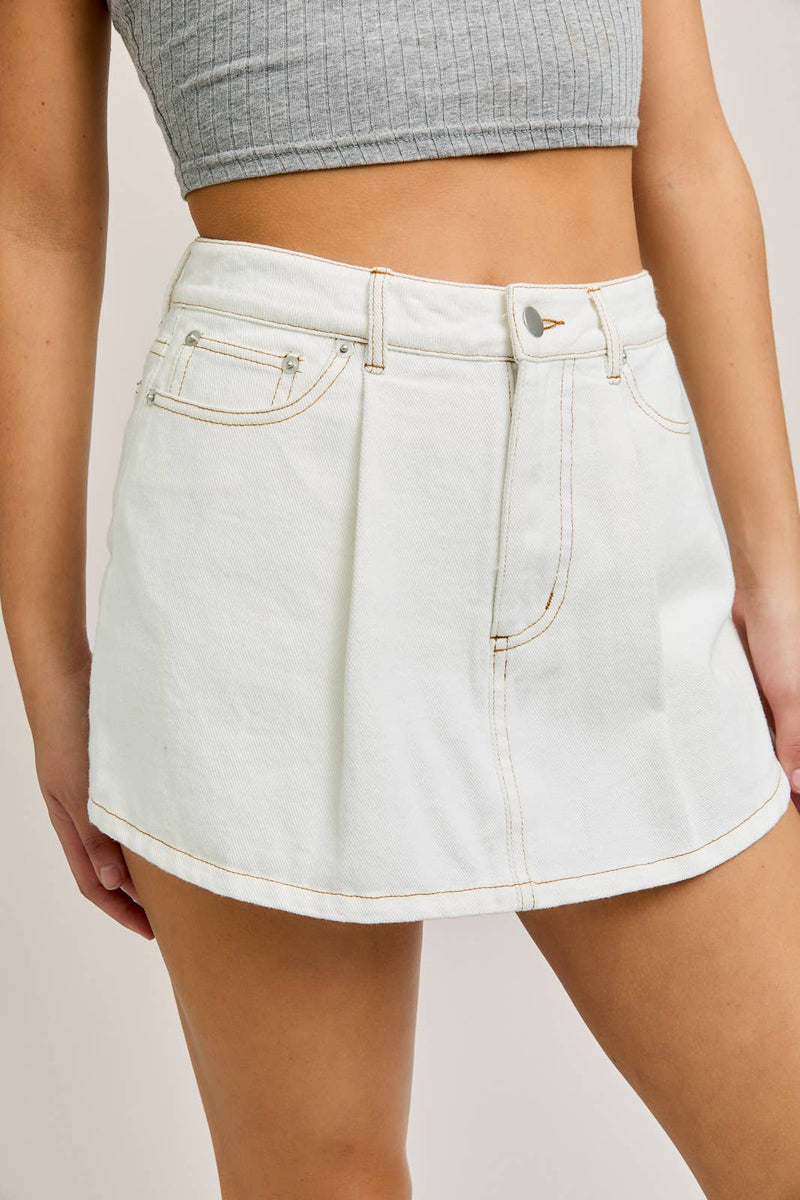 White Pleated Denim Mini Skort