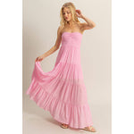 Light Pink Strapless Ruched Bust Tiered Maxi Dress