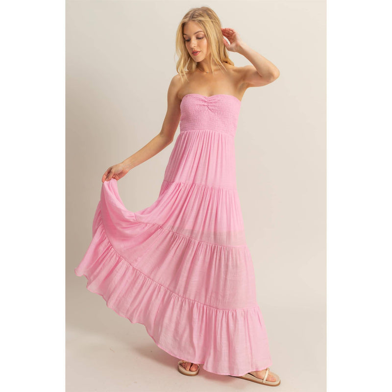 Light Pink Strapless Ruched Bust Tiered Maxi Dress