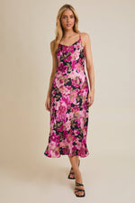 Pink Dark Floral Satin maxi Dress