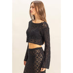 Black Open Stitch Knit Long Sleeve Crop Top