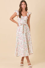 Ivory Floral Printed Ruffle Sleeve Midi Dress