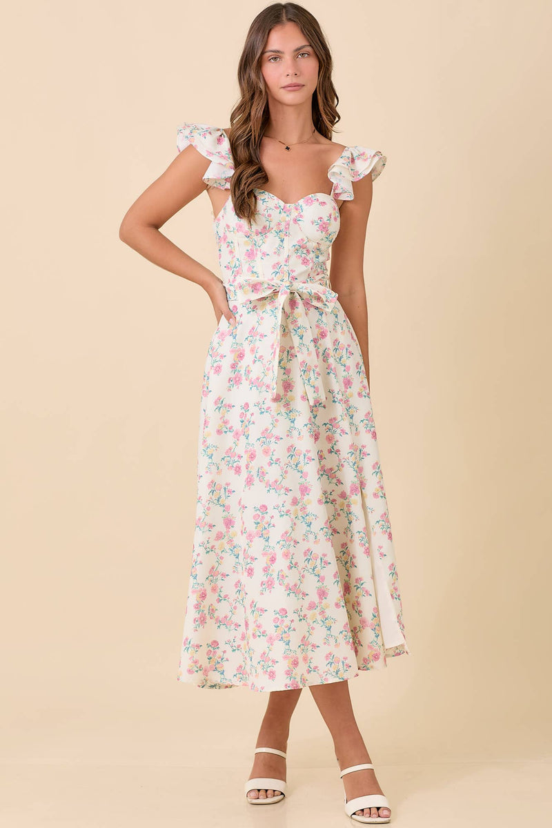 Ivory Floral Printed Ruffle Sleeve Midi Dress