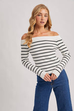 Black & White Striped Off The Shoulder Sweater Top