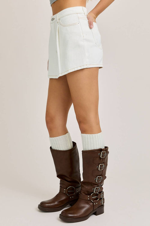 White Pleated Denim Mini Skort