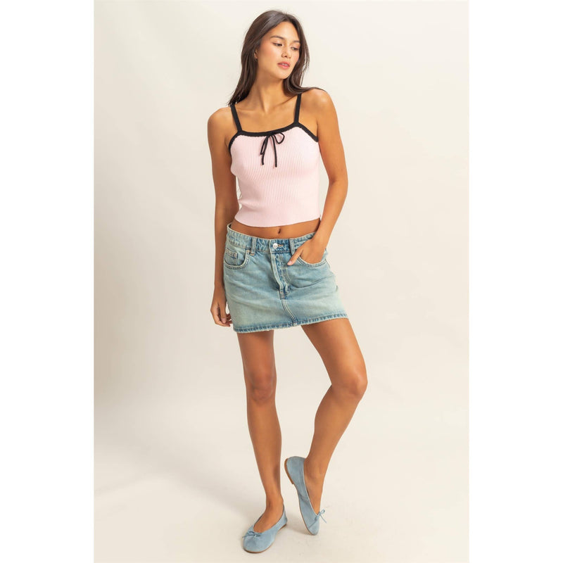 Bow Detail Square Neck Pink Sweater Tank Top
