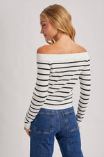 Black & White Striped Off The Shoulder Sweater Top