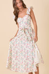Ivory Floral Printed Ruffle Sleeve Midi Dress