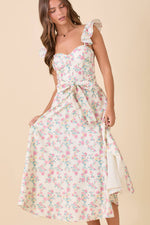 Ivory Floral Printed Ruffle Sleeve Midi Dress