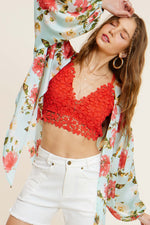 Aquamarine Floral Pattern Front Tie Blouse