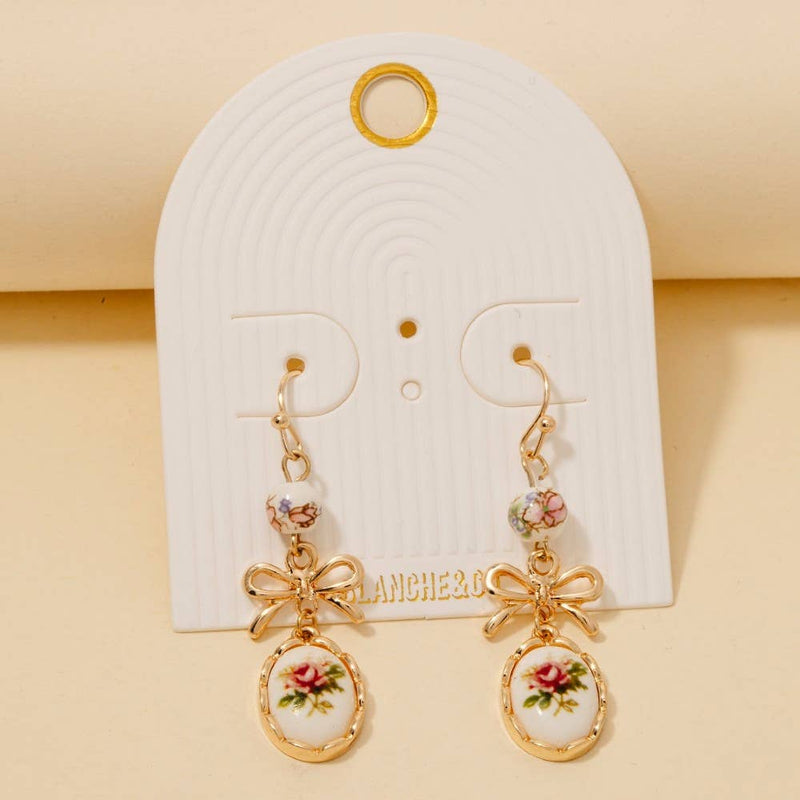 Bow And Pink Floral Ceramic Charms Dangle Earrings