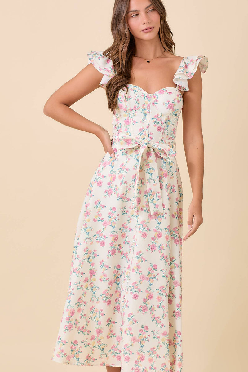 Ivory Floral Printed Ruffle Sleeve Midi Dress