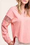 Coral Pink Embroidered Crochet Long Sleeve Top