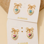 Pink Flower Heart Drop Ribbon Bow Stud Earrings
