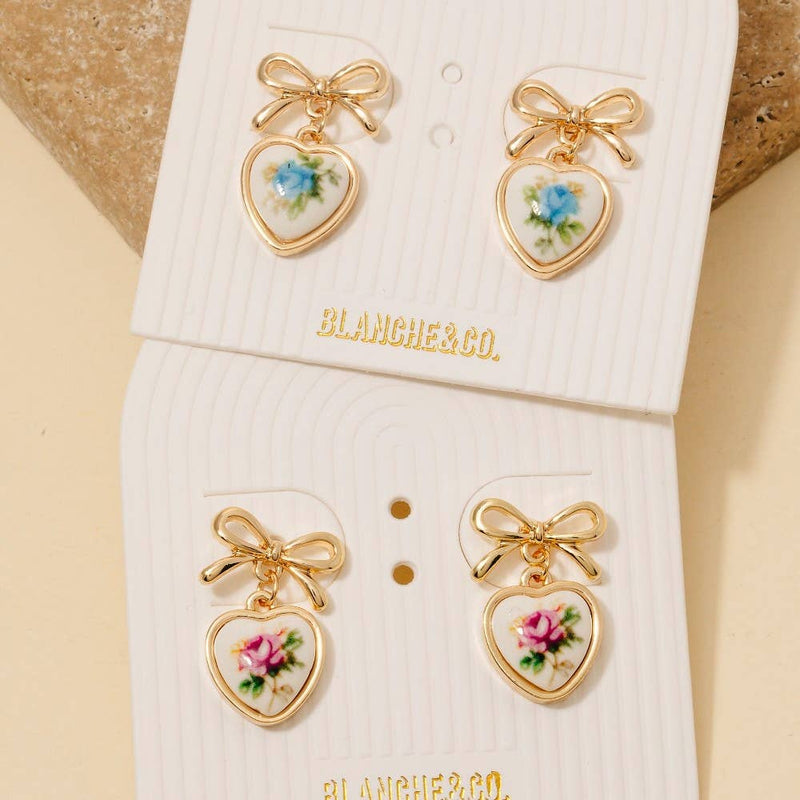 Pink Flower Heart Drop Ribbon Bow Stud Earrings