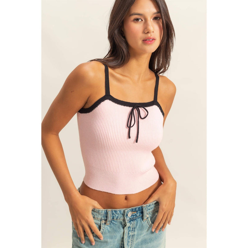Bow Detail Square Neck Pink Sweater Tank Top