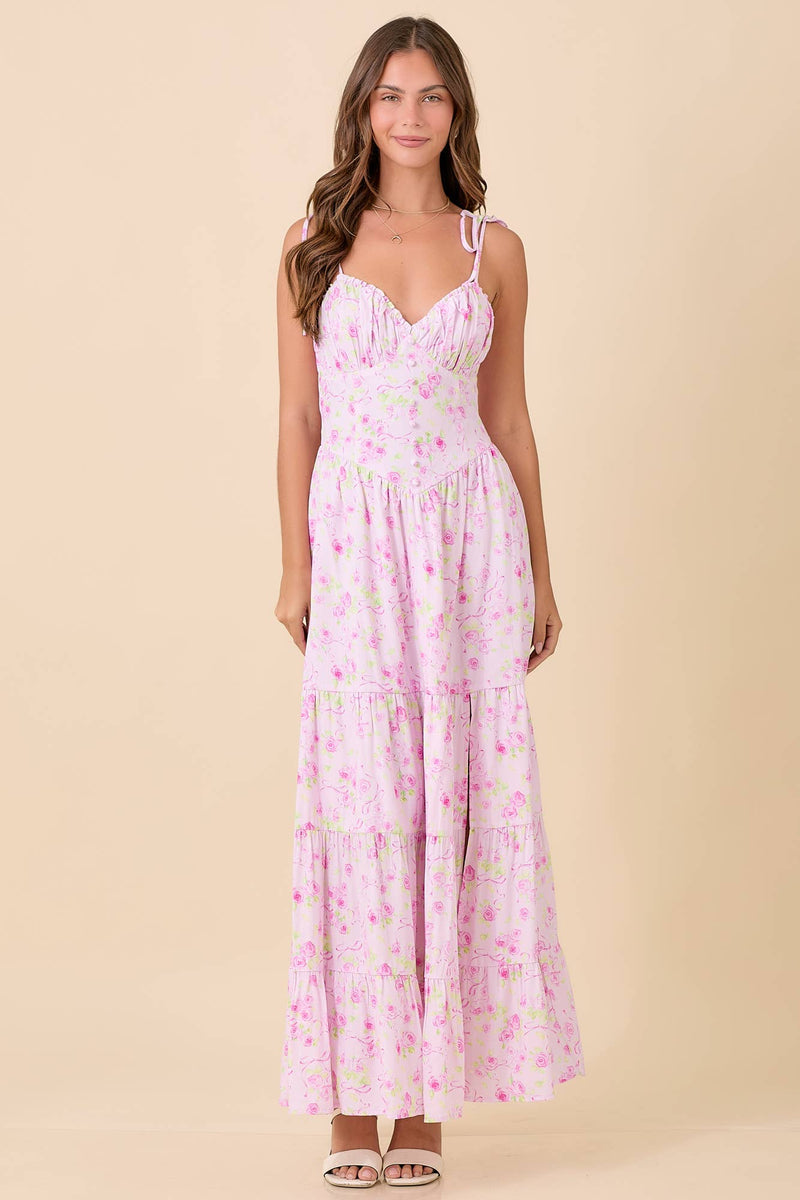 Light Pink Floral Strap Tie Maxi Dress