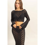 Black Open Stitch Knit Long Sleeve Crop Top