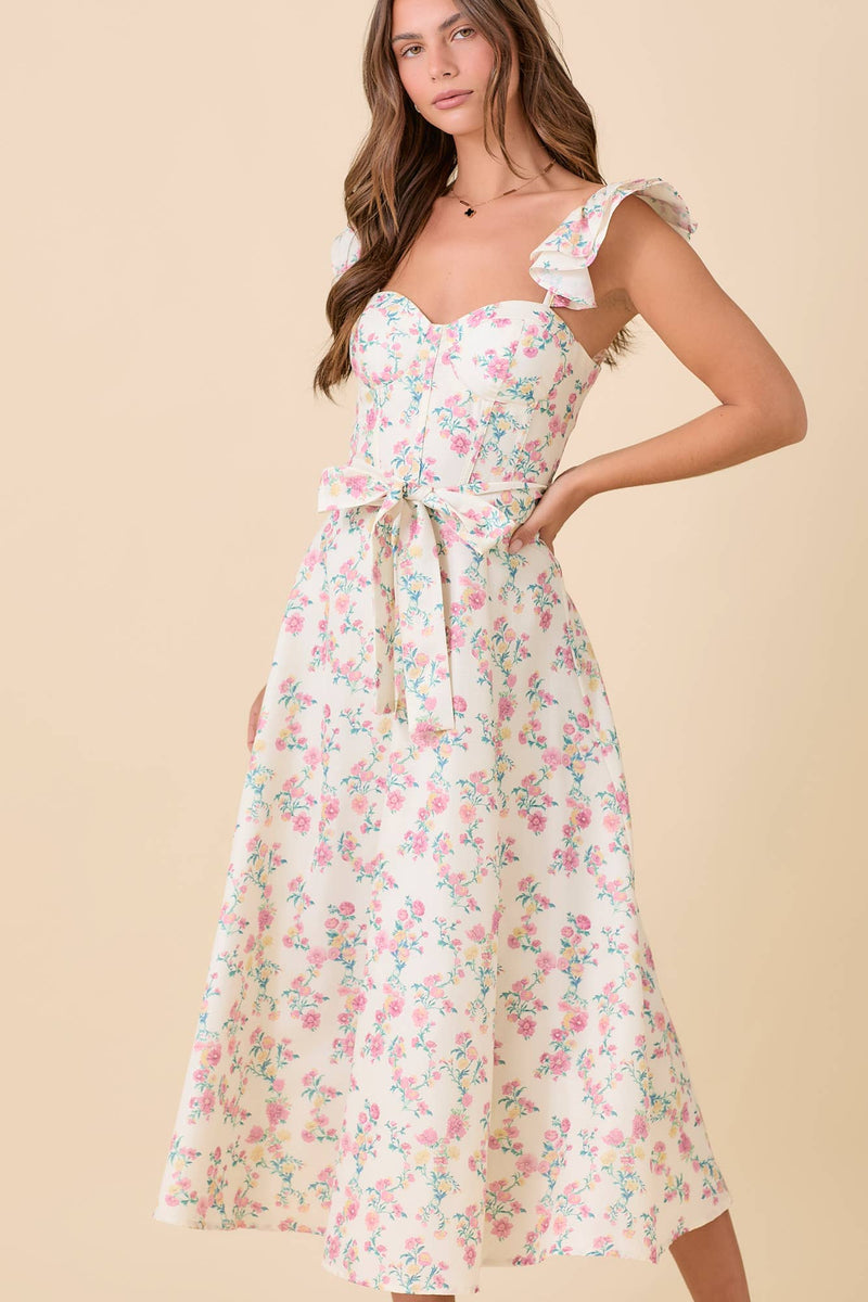 Ivory Floral Printed Ruffle Sleeve Midi Dress