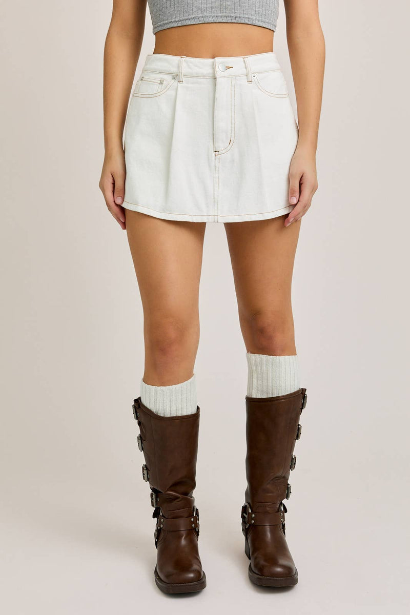 White Pleated Denim Mini Skort