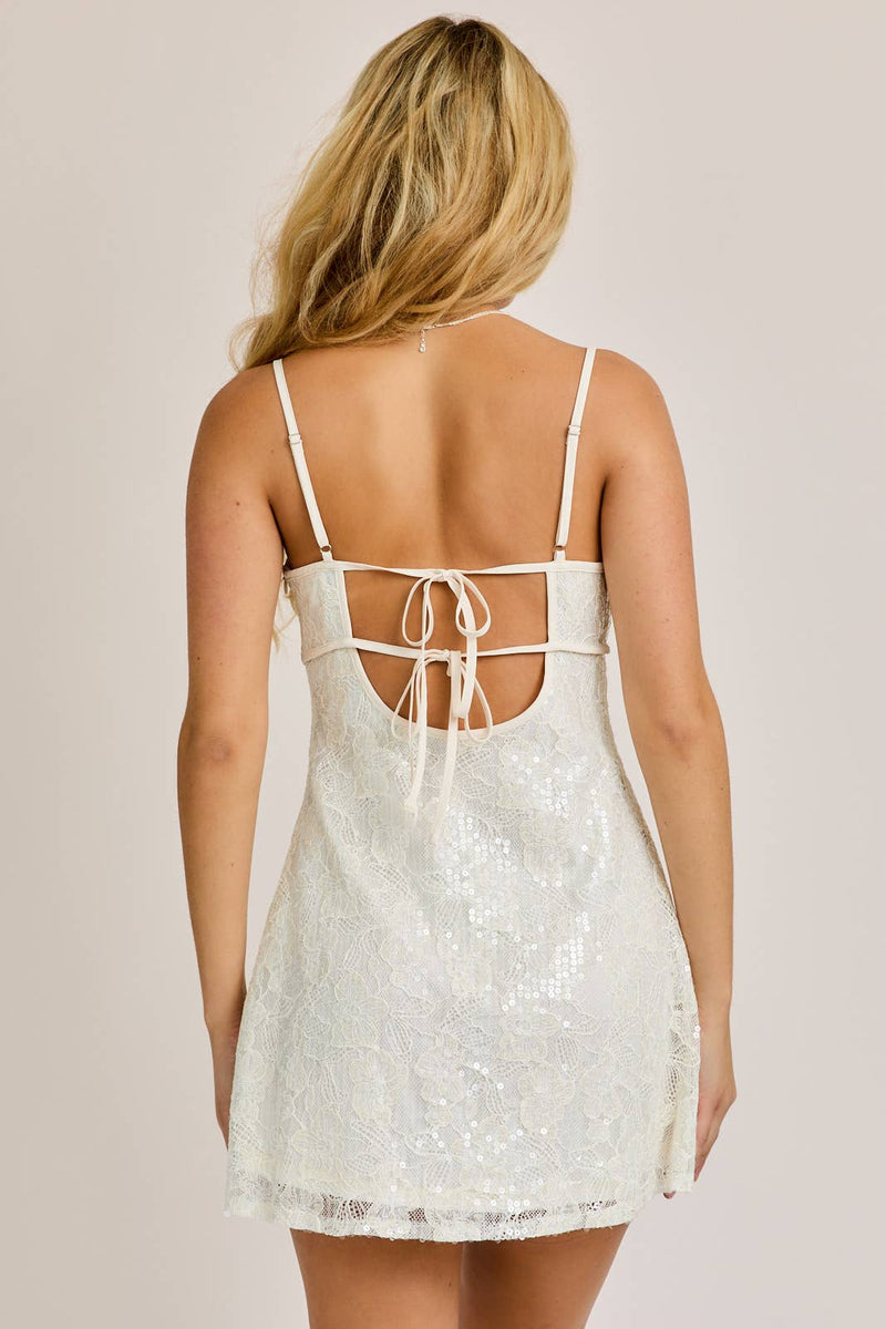 Ivory Out Detail Sequin Lace Mini Dress