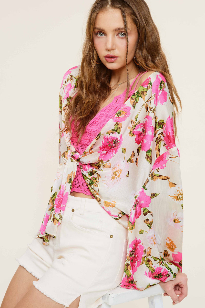 Pearl/Pink Floral Pattern Front Tie Blouse