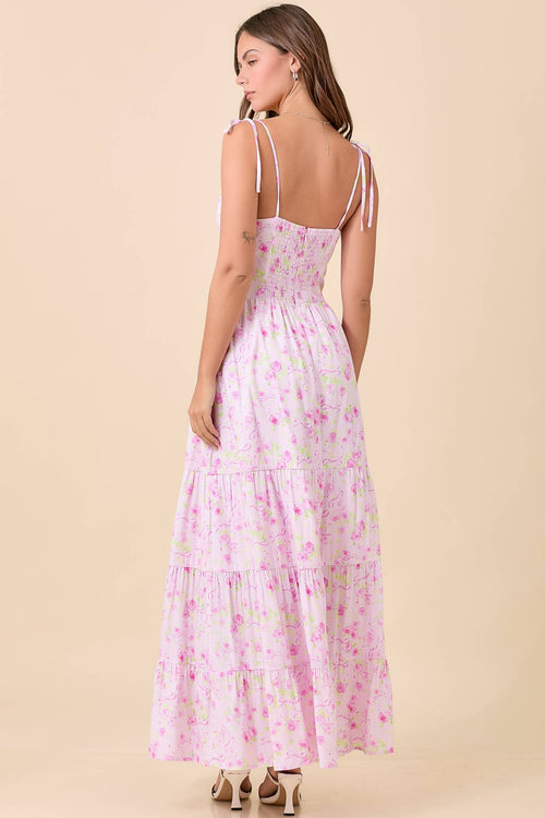 Light Pink Floral Strap Tie Maxi Dress