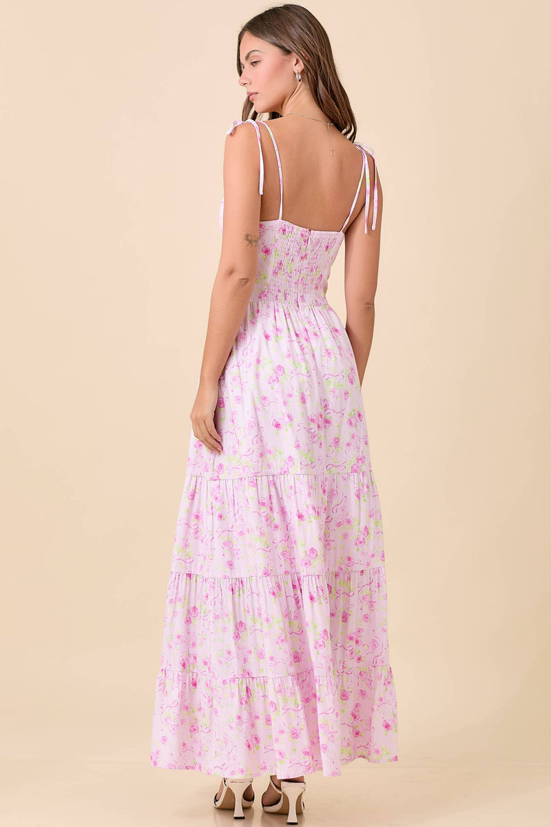 Light Pink Floral Strap Tie Maxi Dress