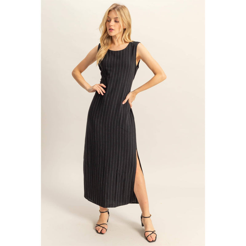 Black Striped Rayon Linen Maxi Dress