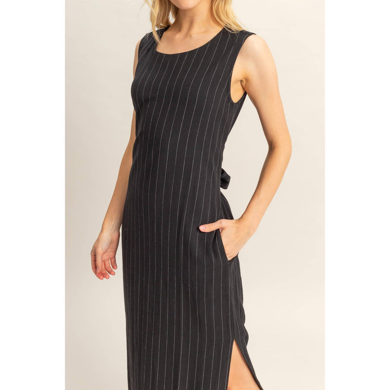 Black Striped Rayon Linen Maxi Dress