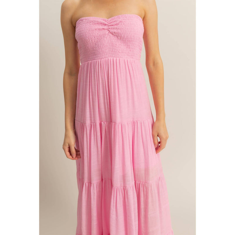 Light Pink Strapless Ruched Bust Tiered Maxi Dress