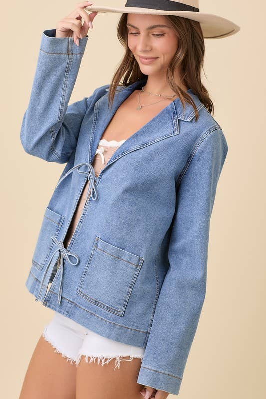 Lapel Collar Denim Jacket With Front Tie Detail