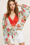 Aquamarine Floral Pattern Front Tie Blouse