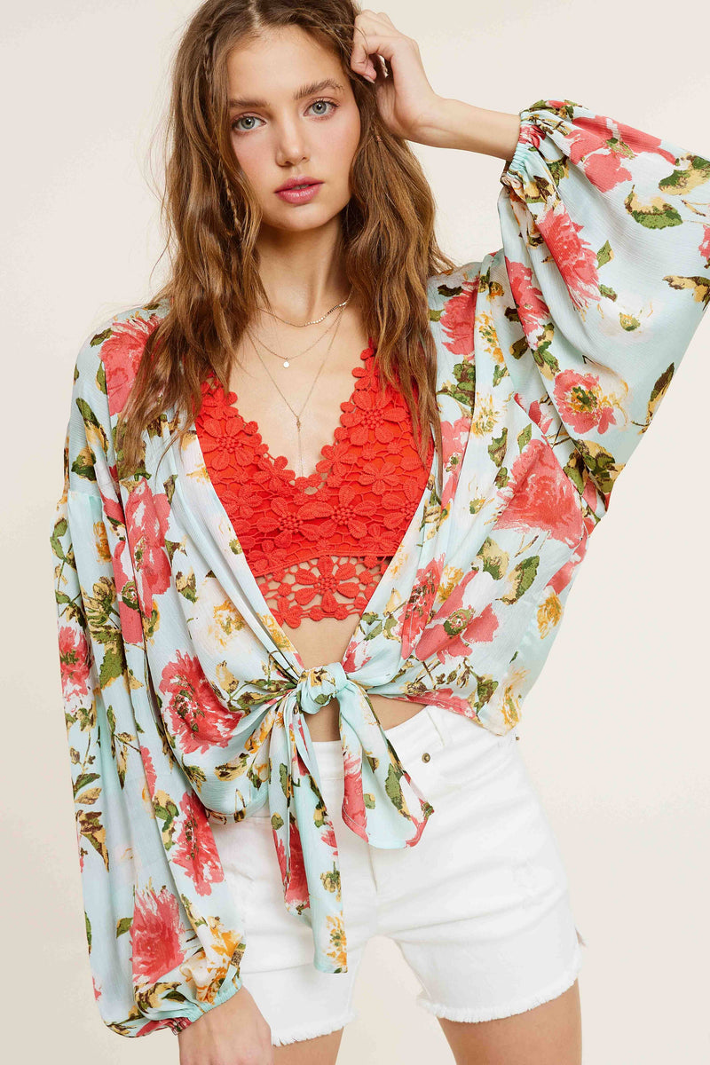 Aquamarine Floral Pattern Front Tie Blouse