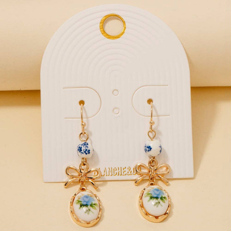 Bow And Blue Floral Ceramic Charms Dangle Earrings
