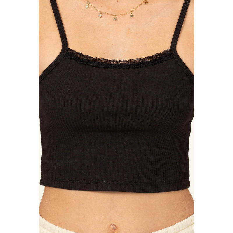 Lace Detail Ribbed Cami Black Top