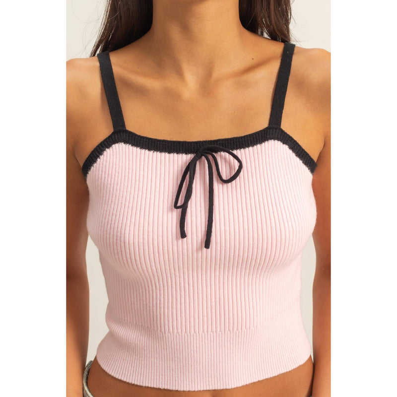 Bow Detail Square Neck Pink Sweater Tank Top