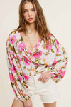 Pearl/Pink Floral Pattern Front Tie Blouse