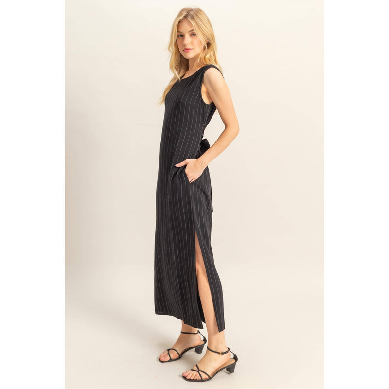 Black Striped Rayon Linen Maxi Dress