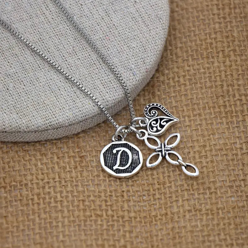 Vintage Silver Initial & Heart Charm Necklace