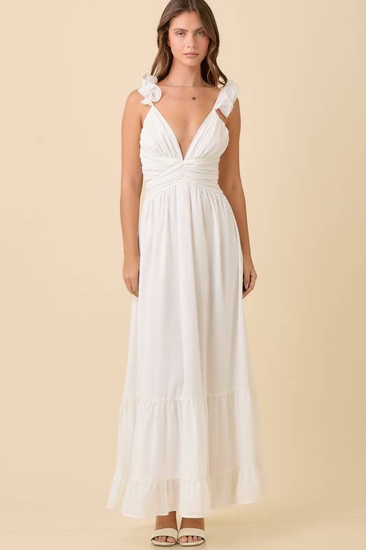 White Maxi Ruffle Sleeve Dress w/ Back Tie