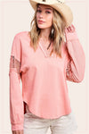 Coral Pink Embroidered Crochet Long Sleeve Top