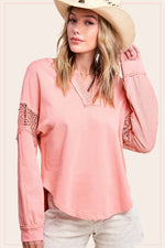 Coral Pink Embroidered Crochet Long Sleeve Top